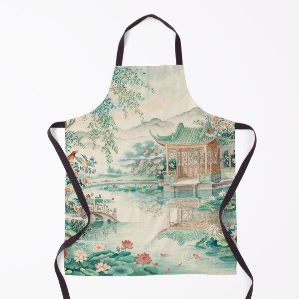 Item preview, Lotus Pavilion Garden Chinoiserie Wall Art – Elegant Asian Lotus Pond Botanical Landscape Decor designed and sold by Tamas Das.