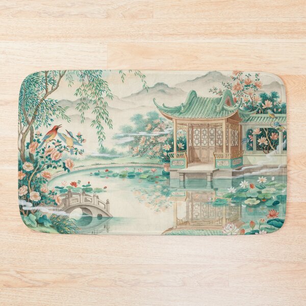 Item preview, Lotus Pavilion Garden Chinoiserie Wall Art – Elegant Asian Lotus Pond Botanical Landscape Decor designed and sold by Tamas Das.