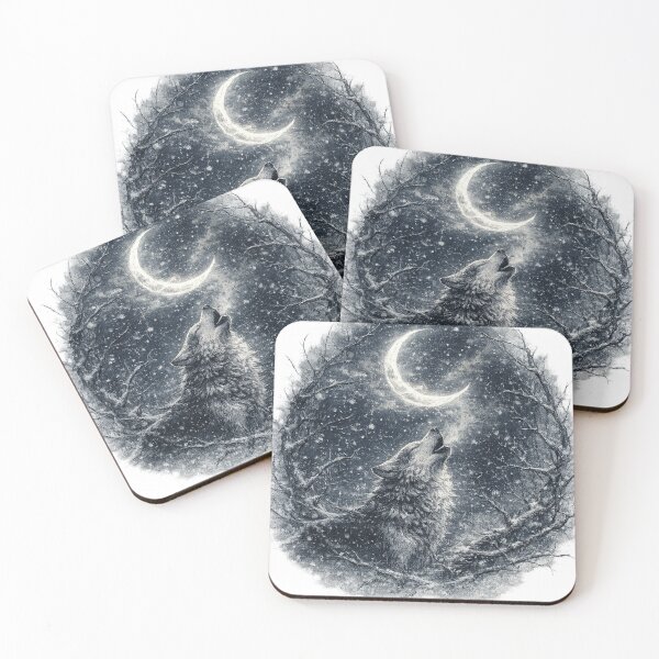 Item preview, Howling Wolf Crescent Moon Dark Forest Winter Illustration Design designed and sold by irfanshikh.