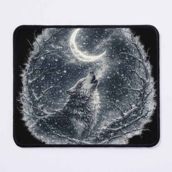 Item preview, Howling Wolf Crescent Moon Dark Forest Winter Illustration Design designed and sold by irfanshikh.