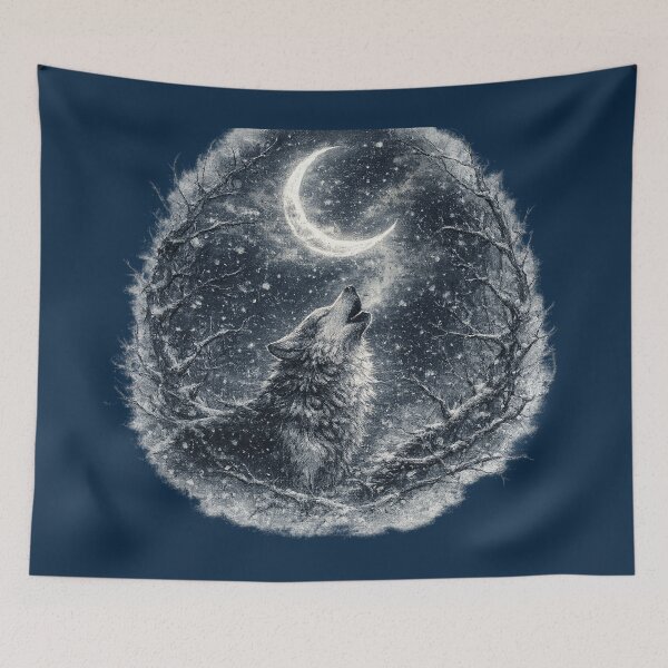Item preview, Howling Wolf Crescent Moon Dark Forest Winter Illustration Design designed and sold by irfanshikh.