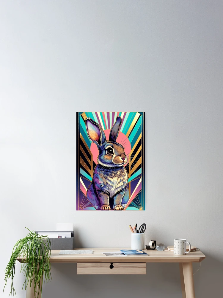 Thumbnail 2 of 3, Poster, Vibrant Retro Rabbit with Colorful Rays designed and sold by IntelliMindDesigns.