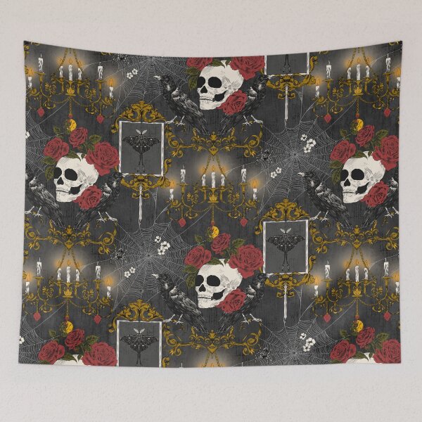 Item preview, Halloween Victorian Gothic Skull Rose Raven Damask Grey and Gold designed and sold by NoemiMarozsan.