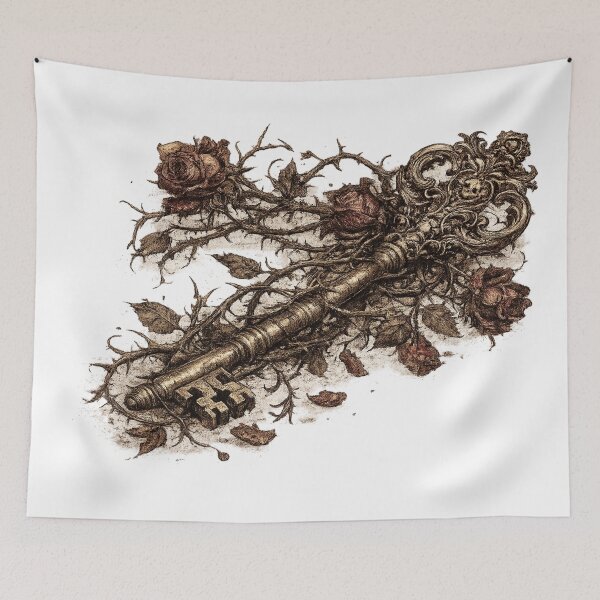 Item preview, Ornate Vintage Key Roses Thorns Dark Fantasy Illustration Design designed and sold by irfanshikh.