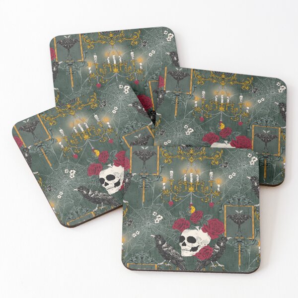 Item preview, Halloween Victorian Gothic Skull Rose Raven Damask Teal and Gold designed and sold by NoemiMarozsan.