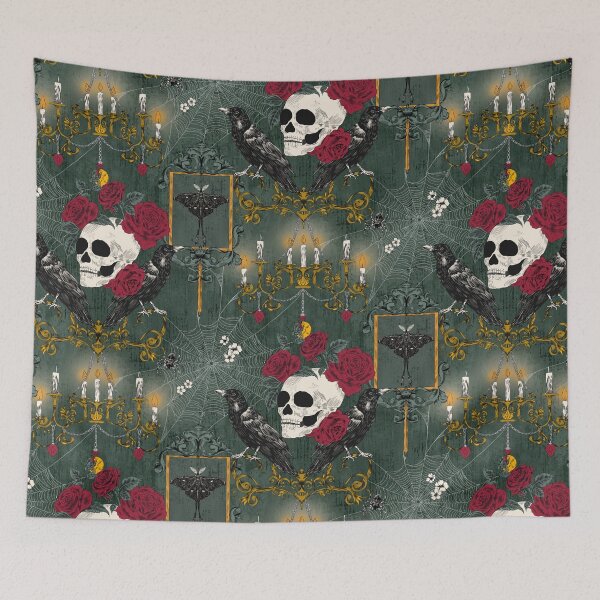 Item preview, Halloween Victorian Gothic Skull Rose Raven Damask Teal and Gold designed and sold by NoemiMarozsan.