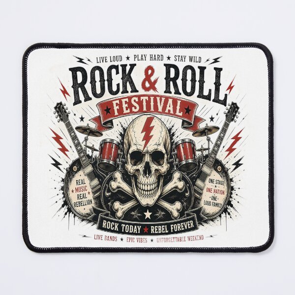 Item preview, Rock & Roll Festival Skull with Guitars and Drum Kit Vintage T-Shirt Design designed and sold by Artisan Finds Online.