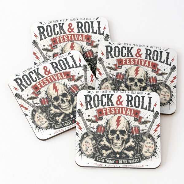 Item preview, Rock & Roll Festival Skull with Guitars and Drum Kit Vintage T-Shirt Design designed and sold by Artisan Finds Online.