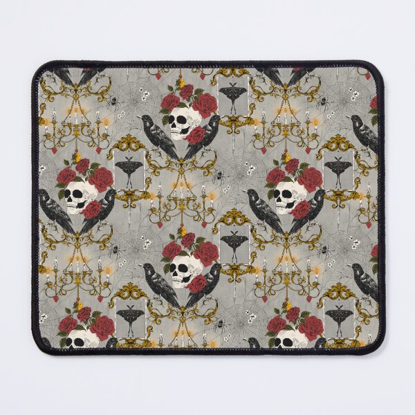 Item preview, Halloween Victorian Gothic Skull Rose Raven Damask Grey and Gold designed and sold by NoemiMarozsan.