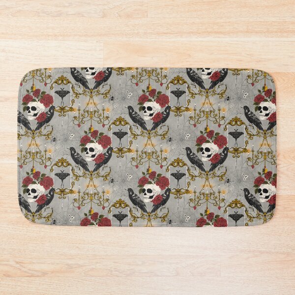 Item preview, Halloween Victorian Gothic Skull Rose Raven Damask Grey and Gold designed and sold by NoemiMarozsan.