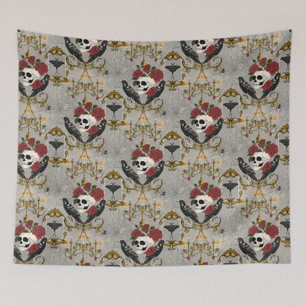 Item preview, Halloween Victorian Gothic Skull Rose Raven Damask Grey and Gold designed and sold by NoemiMarozsan.