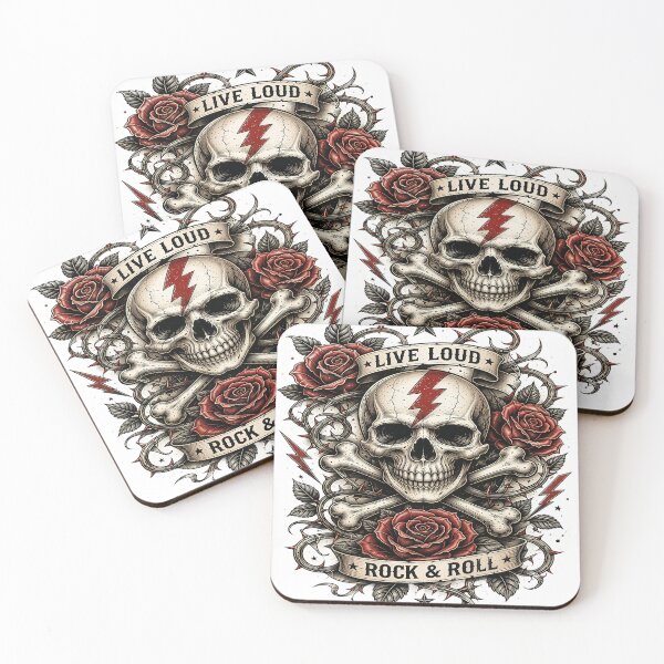 Item preview, Live Loud Rock & Roll Skull and Roses Vintage Artwork designed and sold by Artisan Finds Online.