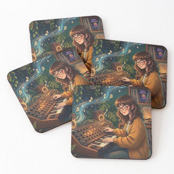 Item preview, Cozy Synth Girl Playing Analog Synthesizer - Retro Vinyl Aesthetic Art designed and sold by raedattia.