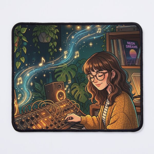 Item preview, Cozy Synth Girl Playing Analog Synthesizer - Retro Vinyl Aesthetic Art designed and sold by raedattia.