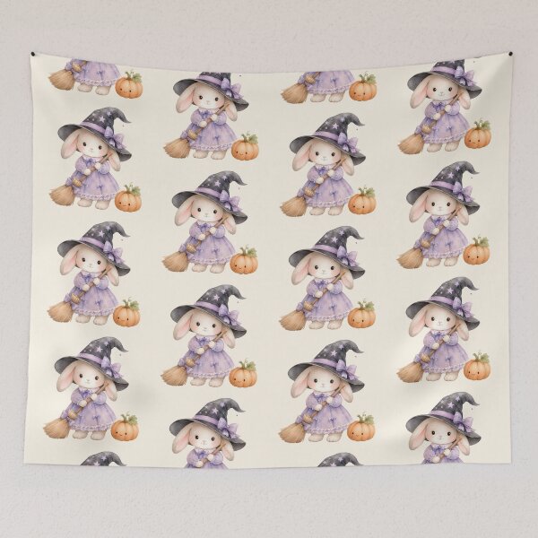 Artikelvorschau, Cute Pastel Witch Bunny with Pumpkin | Kawaii Halloween Watercolor Rabbit entworfen und verkauft von looplandger.