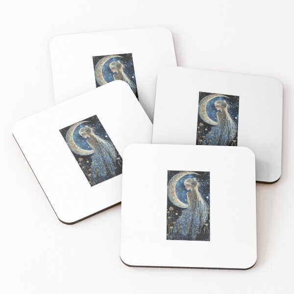 Item preview, lady in a blue dress with a gold moon and stars and flowers designed and sold by carlsmart1.