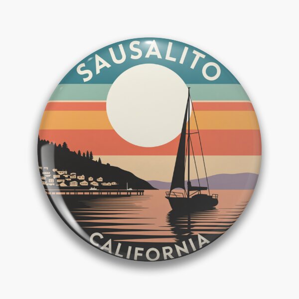 Item preview, Sausalito California: Sailboat, Hillside Homes & Retro Sunset Badge designed and sold by CircinusStore.