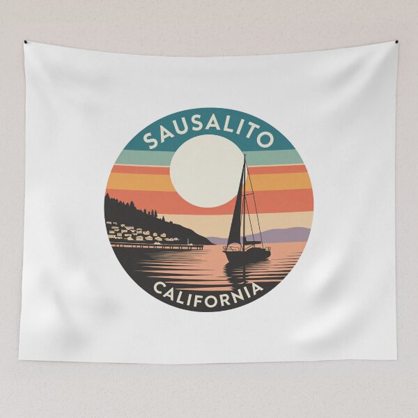 Item preview, Sausalito California: Sailboat, Hillside Homes & Retro Sunset Badge designed and sold by CircinusStore.