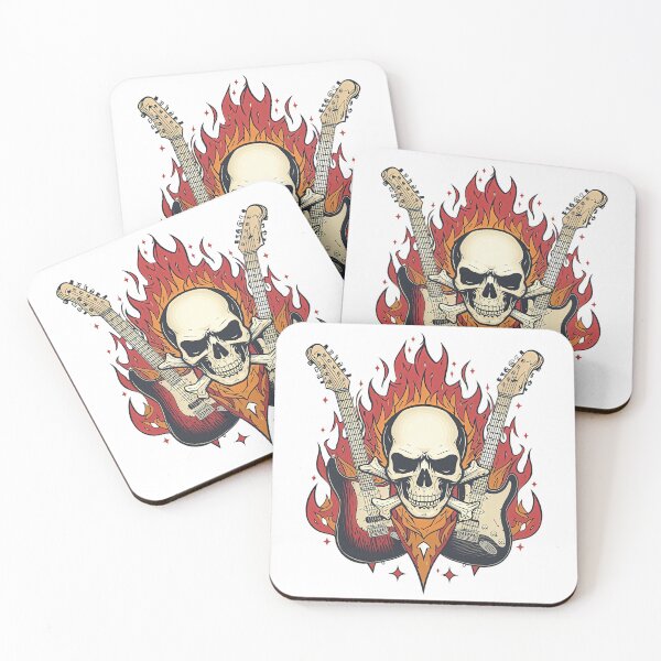 Item preview, Flaming Skull & Twin Electric Guitars Rock Illustration designed and sold by Artisan Finds Online.