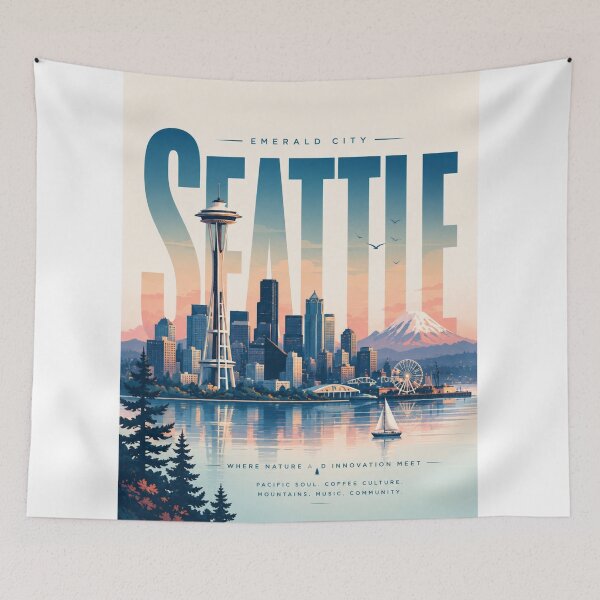 Item preview, Seattle Washington Space Needle Mount Rainier Puget Sound Emerald City Skyline designed and sold by StampMyPassport.