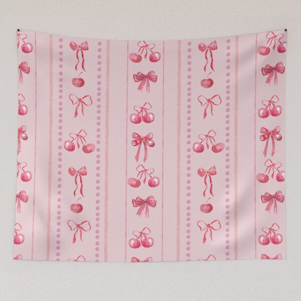 Item preview, Pink &Red CuteCoquette Preppy Aesthetic Bows and Cherries Stripes in Watercolor designed and sold by aneladesigns.