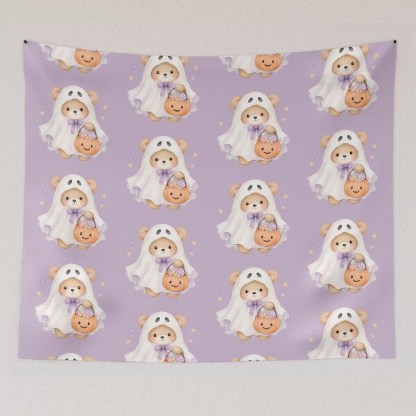 Artikelvorschau, Cute Ghost Bear with Pumpkin Candy Bucket | Kawaii Halloween Watercolor Teddy entworfen und verkauft von looplandger.
