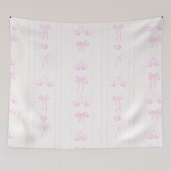 Item preview, Pastel Pink Cute Coquette Preppy Aesthetic Bows and Cherries Stripes in Watercolor designed and sold by aneladesigns.