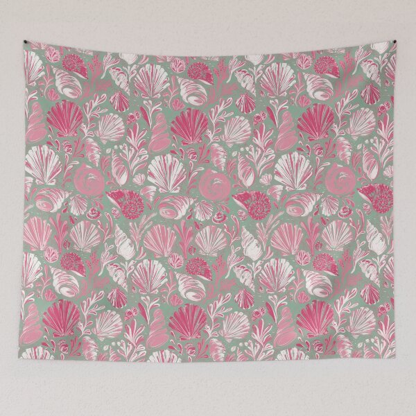Item preview, Pink Seashell Pattern On Mint Background | Coastal Beach Shell Print | Nautical Ocean Seamless Design designed and sold by MonNoir.