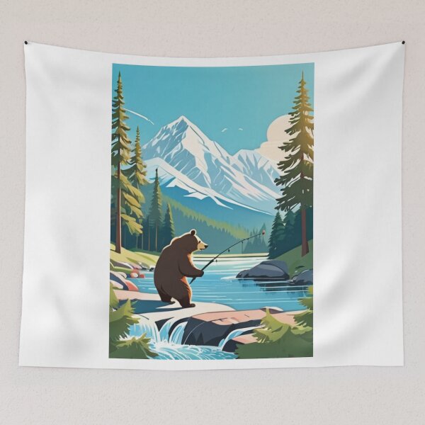 Item preview, Art - WPA Inspired Illustration, Fishing Bear and Mountain designed and sold by DoodyPets.