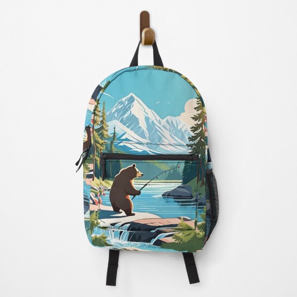 Item preview, Art - WPA Inspired Illustration, Fishing Bear and Mountain designed and sold by DoodyPets.