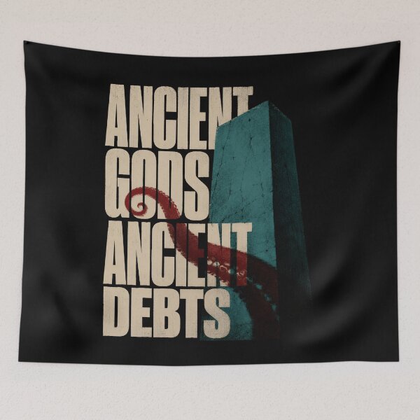 Item preview, Ancient Gods Ancient Debts Monolith Cthulhu Typographic Art designed and sold by Fenay Designs.