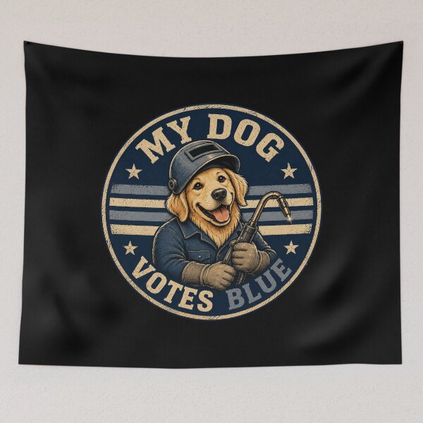 Item preview, My Dog Votes Blue Golden Retriever Funny Political Welder Dog Gift designed and sold by RusticMeadow.