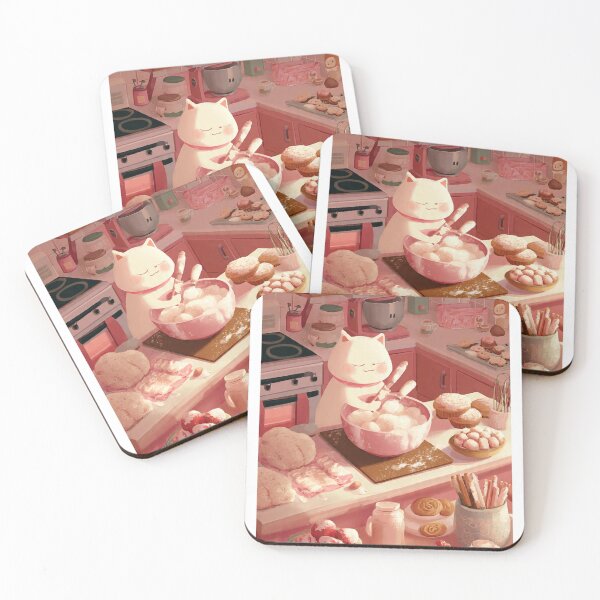 Item preview, Kawaii Cat Baking in Pink Kitchen Wall Art  designed and sold by Moody Vibes Studio.
