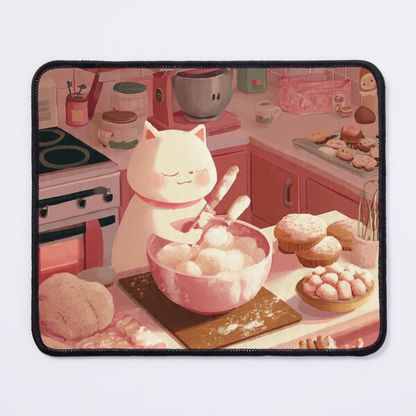 Item preview, Kawaii Cat Baking in Pink Kitchen Wall Art designed and sold by Moody Vibes Studio.