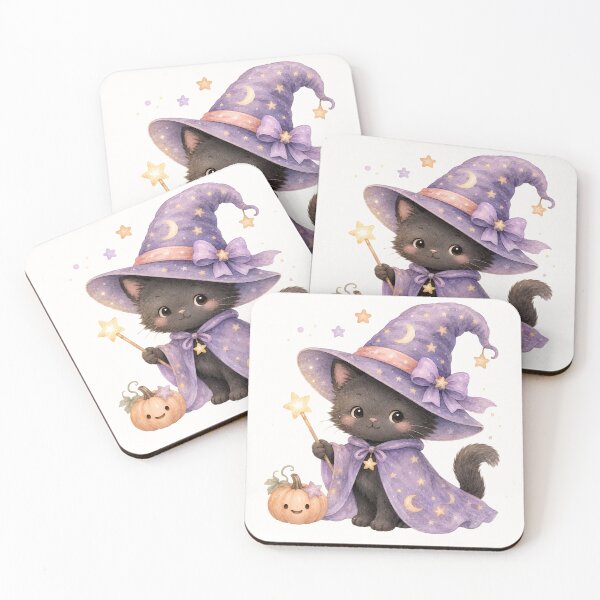 Item preview, Cute Black Witch Cat with Magic Wand | Kawaii Halloween Watercolor Kitten designed and sold by looplandger.
