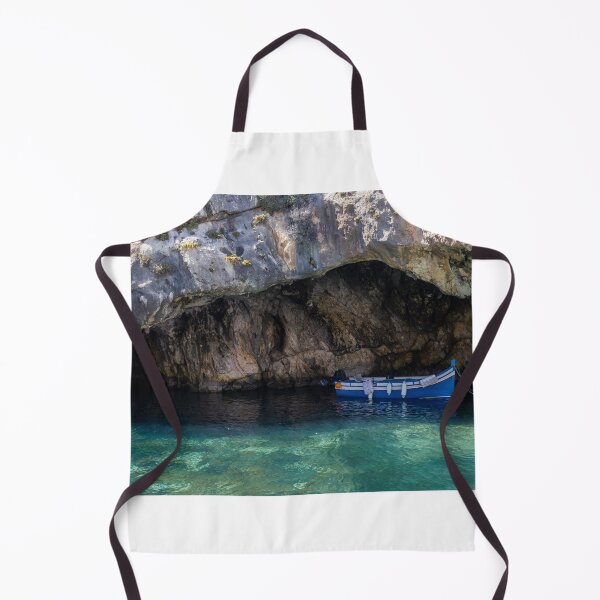 Item preview, Sunlit Blue Fishing Boat Sheltered in Rocky Sea Cave With Crystal Clear Turquoise Water designed and sold by Nmallia.