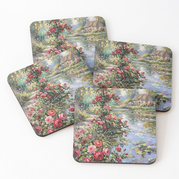 Item preview, Rose Garden Pond Cottage Impressionist Painting designed and sold by randyknudsen.