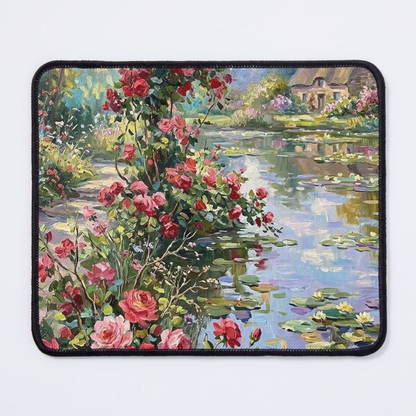 Item preview, Rose Garden Pond Cottage Impressionist Painting designed and sold by randyknudsen.