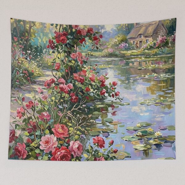 Item preview, Rose Garden Pond Cottage Impressionist Painting designed and sold by randyknudsen.
