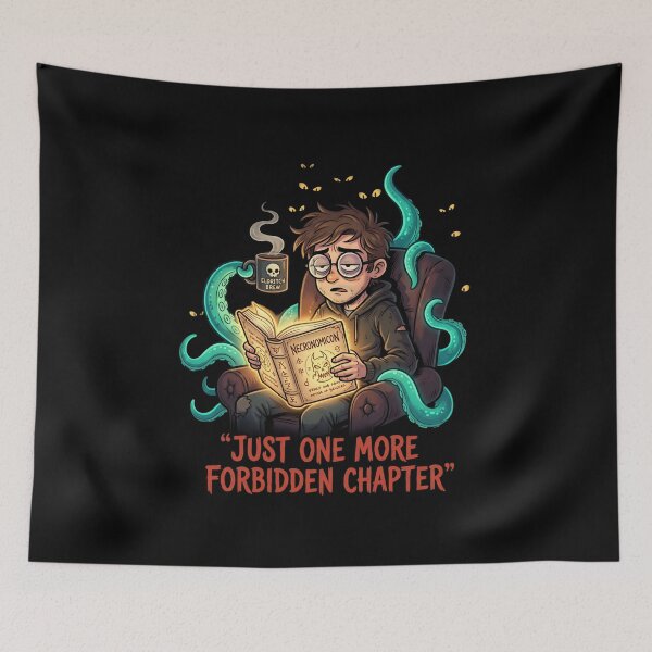 Item preview, Just One More Forbidden Chapter Necronomicon Cthulhu Reading Cute Cartoon designed and sold by Fenay Designs.