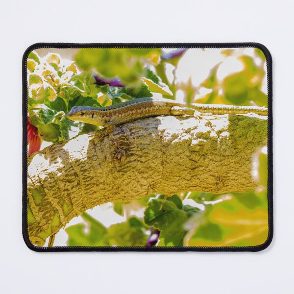 Item preview, Sunlit Lizard Resting on Tree Branch Among Green Leaves and Pink Garden Flowers designed and sold by Nmallia.