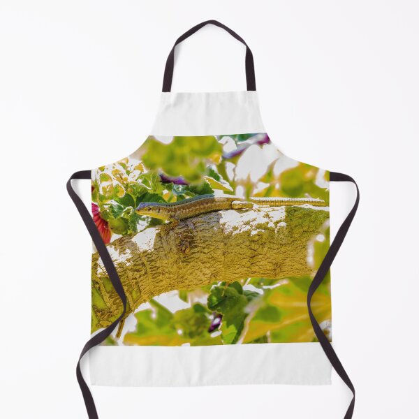 Item preview, Sunlit Lizard Resting on Tree Branch Among Green Leaves and Pink Garden Flowers designed and sold by Nmallia.