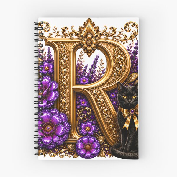 Item preview, Floral Letter R with Black Cat | Lavender Botanical Monogram | Elegant Gold Initial Design designed and sold by MoodLay.