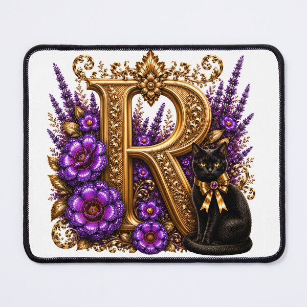 Item preview, Floral Letter R with Black Cat | Lavender Botanical Monogram | Elegant Gold Initial Design designed and sold by MoodLay.
