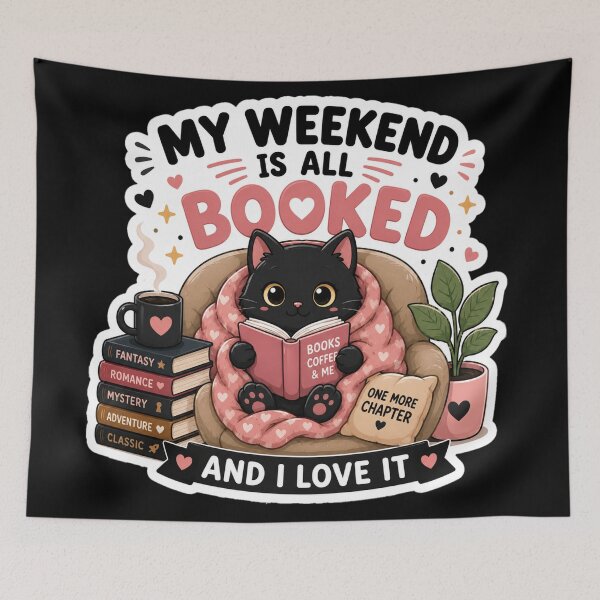 Item preview, My Weekend Is All Booked Cute Black Cat Reading Sticker. designed and sold by  BreedCraft Studio.