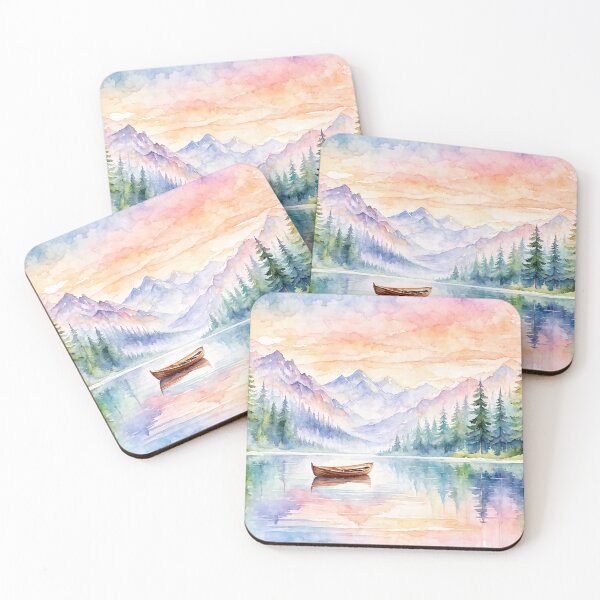Item preview, Watercolor Pine Forest Lake and Boat designed and sold by jo-e-basta.