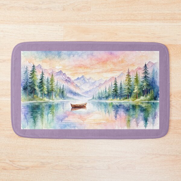 Item preview, Watercolor Pine Forest Lake and Boat designed and sold by jo-e-basta.