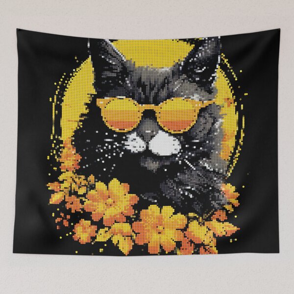 Item preview, Cool Gray Cat with Sunglasses and Yellow Orange Flowers Geometric Style Illustration designed and sold by A-C-G.