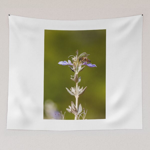 Item preview, Macro Shot Of Purple Wildflower With Bee In Flight On Soft Green Background designed and sold by Nmallia.