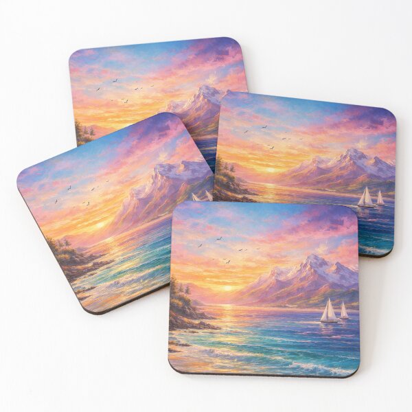 Item preview, Pink and Blue Sunset Mountain Sailboat Landscape designed and sold by Joey Santiago.